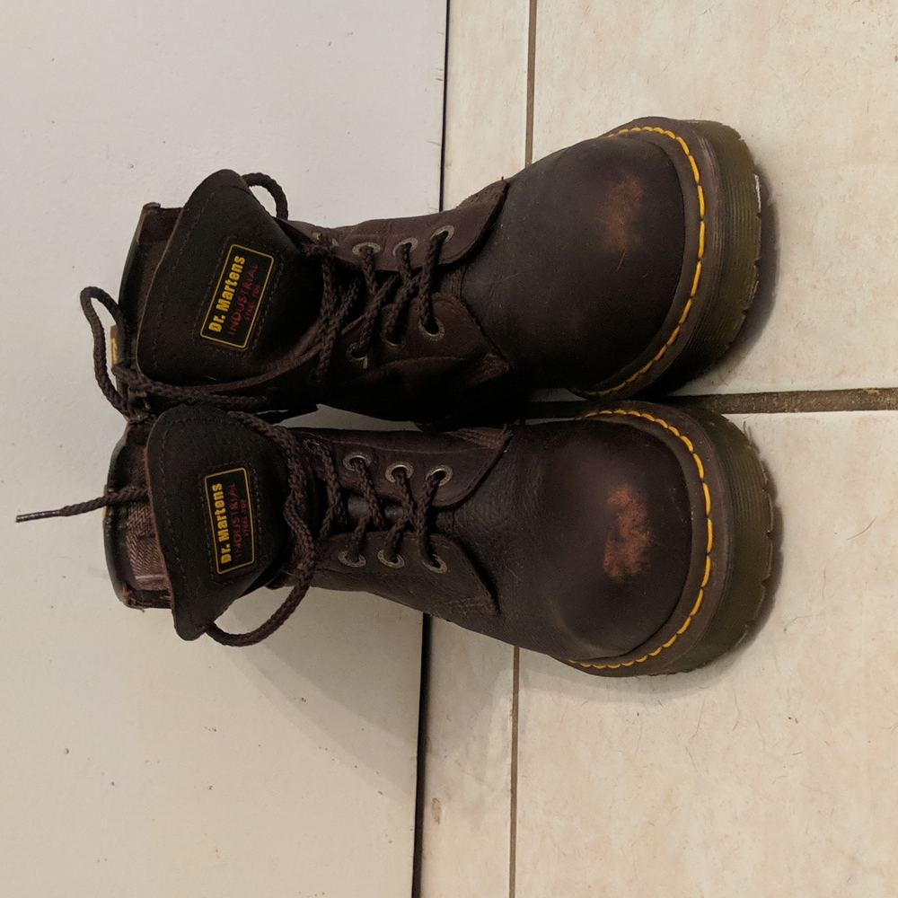 Dr Martens brown steel toe industrial boots.  8 men's, 9 ladies